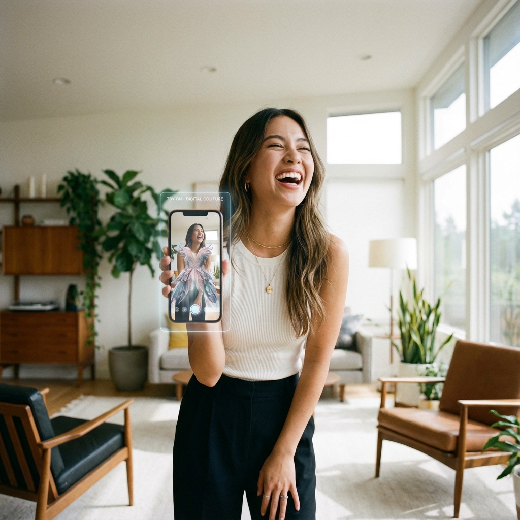Smiling woman looking at her phone seeing a virtual try-on result