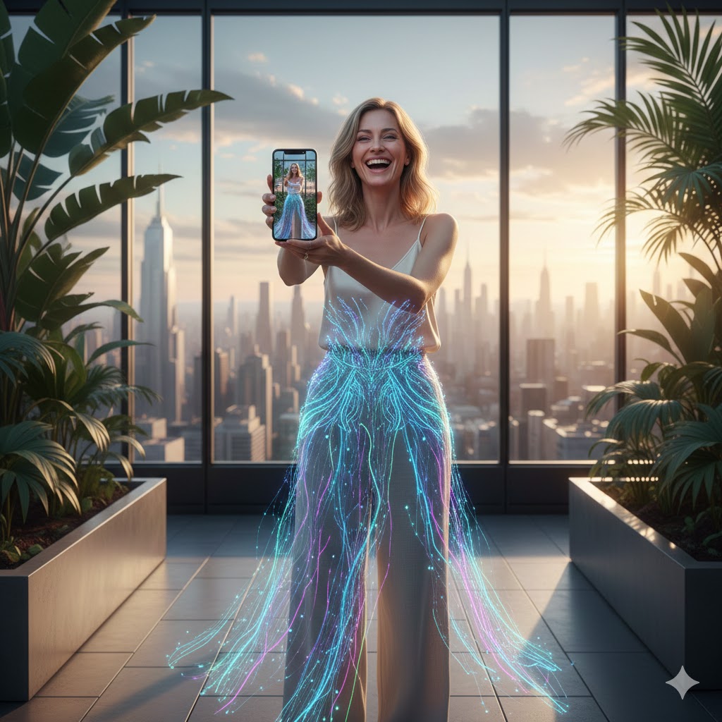 Happy woman using AI virtual try-on app